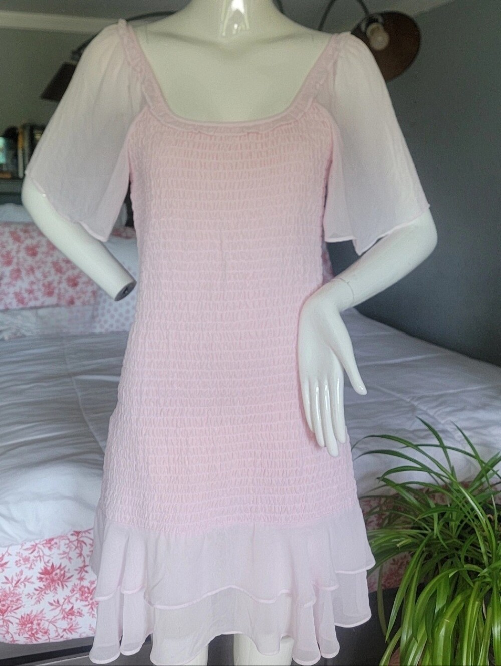 BCBGeneration Light Pink Smocked Chiffon Ruffle Mini Dress